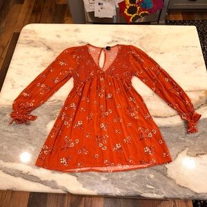 EUC Wild Fable Rust Orange Floral Smocked‎ Top Babydoll Shirt Size Small